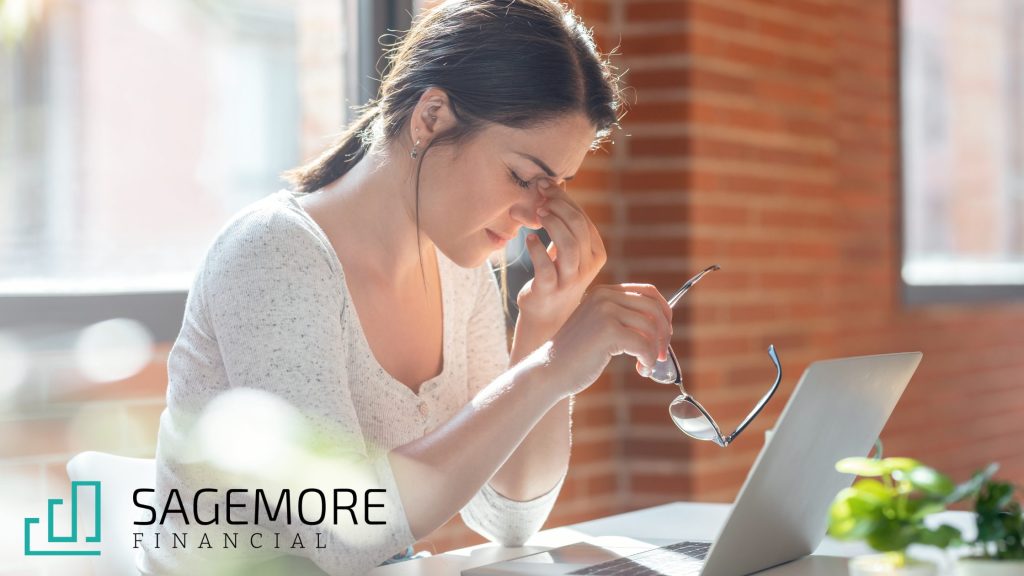 Frustrated woman trying research Personal Loans without assistance